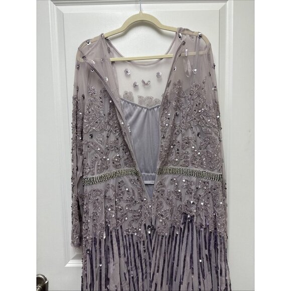 Mac Duggal Size 20 Purple 93633 Long Sleeve Sequin Beaded Midi Cocktail Dress - Picture 12 of 14